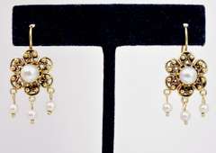 Ornate Flower Style Pearl Earrings in 14K Yellow Gold