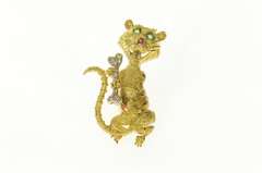 18K Yellow Gold Emerald Eyed Rat Diamond Bone Ruby Pin/Brooch
