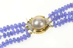 14K Yellow Gold Tanzanite Diamond Pearl Clasp Layered Opera Necklace