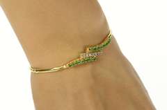 14K Yellow Gold Emerald Diamond Retro Bypass Bangle Bracelet
