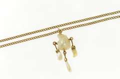 10K Yellow Gold 1930's Ornate Pearl Dangle Fringe Chain Necklace