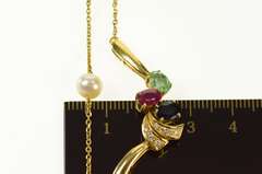 18K Yellow Gold Emerald Ruby Diamond Pendant Pearl Chain Necklace