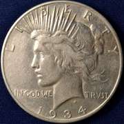 1934-S Peace Silver Dollar, Circulated.