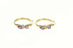 10K Yellow Gold Heart Amethyst Diamond Accent Hoop Earrings