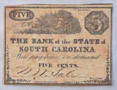 5 Cents Bank Of South Carolina Note Jan 3 1862