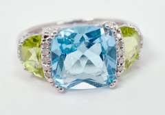 Blue and Green Gemstone Sterling Silver Ring with White Crystal Accents