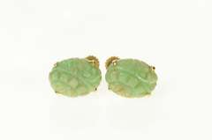 14K Yellow Gold Oval Floral Carved Jadeite Screw Back Earrings
