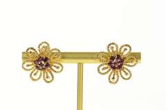 14K Yellow Gold 1960's Nat. Ruby Filigree Flower Screw Back Earrings
