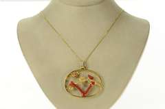 18K Yellow Gold Denny Wong Coral Tree Diamond Birds Oval Pendant