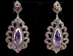 Entrancing 15.00CTS Amethyst & 3.02CTW Diamond Earrings Set in Ornate Silver