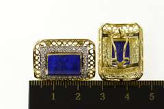 14K Yellow Gold Ornate Lapis Lazuli Diamond French Clip Earrings