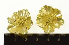 18K Yellow Gold Elaborate Hibiscus Flower Clip Back Statement Earrings
