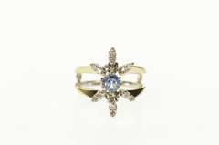 14K White Gold Diamond Flower Syn. Blue Topaz Statement Ring