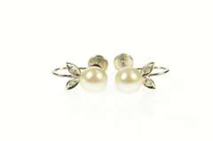 14K White Gold Pearl Diamond Accent Leaf Screw Back Earrings
