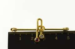 18K Yellow Gold 1950's Ruby Diamond Geometric Bar Pin/Brooch