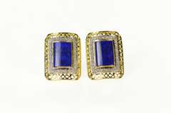 14K Yellow Gold Ornate Lapis Lazuli Diamond French Clip Earrings