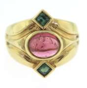 Powerful Yellow Gold Oval Cabochon Shaped Pink Tourmaline Cocktail Ring