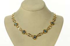 14K Yellow Gold Blue Topaz Retro Doubled Bar Link Collar Necklace