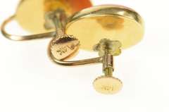 14K Yellow Gold Oval Coral Cabochon Retro Screw Back Earrings