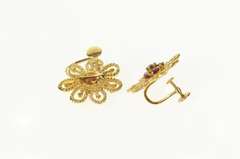 14K Yellow Gold 1960's Nat. Ruby Filigree Flower Screw Back Earrings