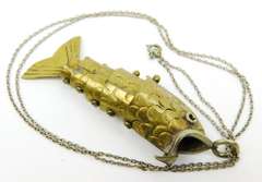 Big Vintage Reticulated Brass Fish Pendant & Chain