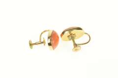 14K Yellow Gold Oval Coral Cabochon Retro Screw Back Earrings