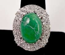 Elegant Massive12.43CTS Cabochon-Cut Natural Emerald Set in A Gallery of 2.14CTW White Sapphire Ring in Sterling Silver
