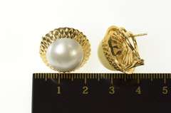 14K Yellow Gold Retro Mabe Pearl Lattice Trim French Clip Earrings