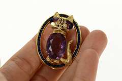 14K Yellow Gold Amethyst Seed Pearl Syn. Sapphire Cat Oval Pin/Brooch