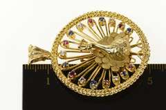 10K Yellow Gold 1960's Ruby Sapphire Diamond Ornate Peacock Pendant