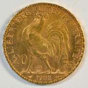 Superb Gem BU 1908 France 20 Francs Gold 'Rooster' coin
