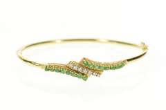 14K Yellow Gold Emerald Diamond Retro Bypass Bangle Bracelet