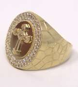 Men's Yellow Gold Oval Cross Ring With CZ Stones