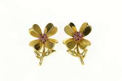 18K Yellow Gold 1960's Ruby Cluster 4 Leaf Clover Clip On Earrings