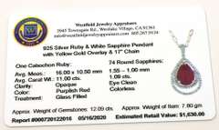 Juicy Massive 11.00CTS Pear Cabochon Cut Natural Star Ruby & White Sapphire Necklace in Sterling Silver
