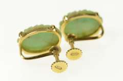 14K Yellow Gold Oval Floral Carved Jadeite Screw Back Earrings
