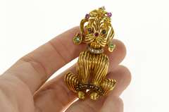 18K Yellow Gold 60's Poodle Emerald Ruby Diamond Statement Pin/Brooch
