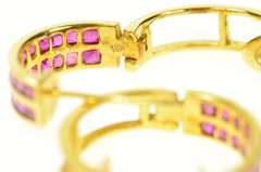 18K Yellow Gold Princess Ruby Encrusted Hoop Earrings
