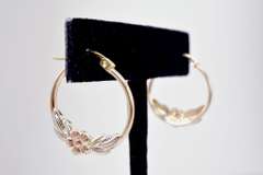 Tri-Color Flower Design Hoop Earrings in Gold