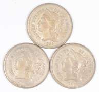 Lot (3) 1865 Nickel Three-Cent Pieces - Wipey
