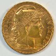 Superb Gem BU 1908 France 20 Francs Gold 'Rooster' coin