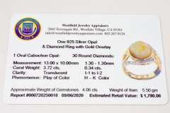 Opulent 3.72CTS Cabochon Opal Set in Open Shoulder Sterling Silver Ring with 0.34CTW Accenting Diamonds