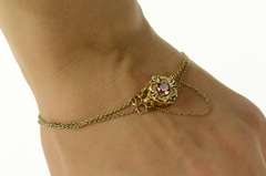 14K Yellow Gold Victorian Pink Topaz Retro Ornate Slide Charm Bracelet