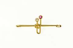 18K Yellow Gold 1950's Ruby Diamond Geometric Bar Pin/Brooch