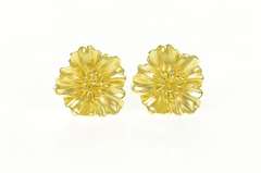 18K Yellow Gold Elaborate Hibiscus Flower Clip Back Statement Earrings
