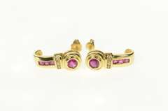 14K Yellow Gold Ruby Diamond Accent Curved Bar Statement Earrings