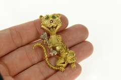 18K Yellow Gold Emerald Eyed Rat Diamond Bone Ruby Pin/Brooch