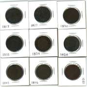 9 Diff. US Large Cents from 1817 to 1851 in circ