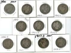 11 Diff. Barber Half Dollars 1900 to 1908-D