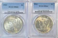 Nearly Gem BU 1923 & 1924 Peace Silver Dollars. PCGS MS64